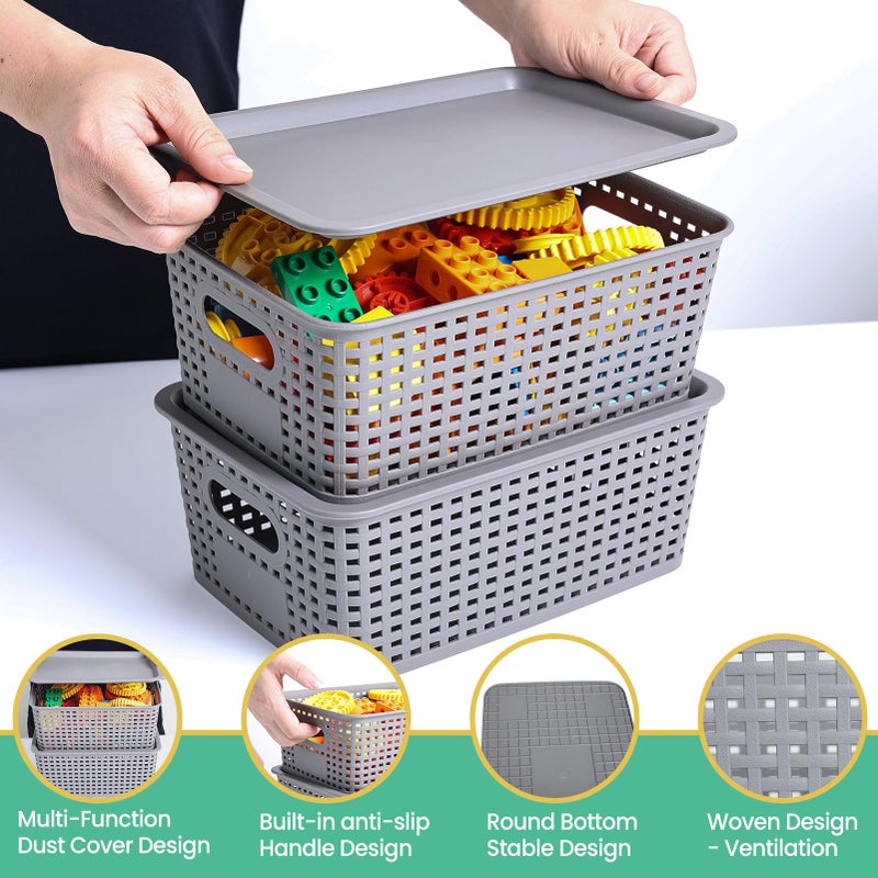 Ohmlove Plastic Storage Baskets with Lid-Plastic Storage Containers Stackable Storage bins: Storage Baskets for Organizing Shelves Drawers Desktop Closet Playroom Classroom Office  8Pack-Gray 10.2x7.2x4.1Inch - Image 3